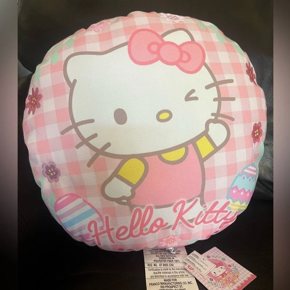 Hello Kitty Pink and White Plaid Cushion Pillow Easter Eggs Embroidered Flowers